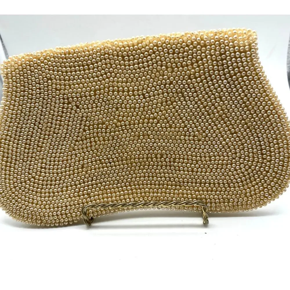 Hato‎ Hasi Beaded Clutch Cream Colored Pearls Floral Purse Japan Vintage Art